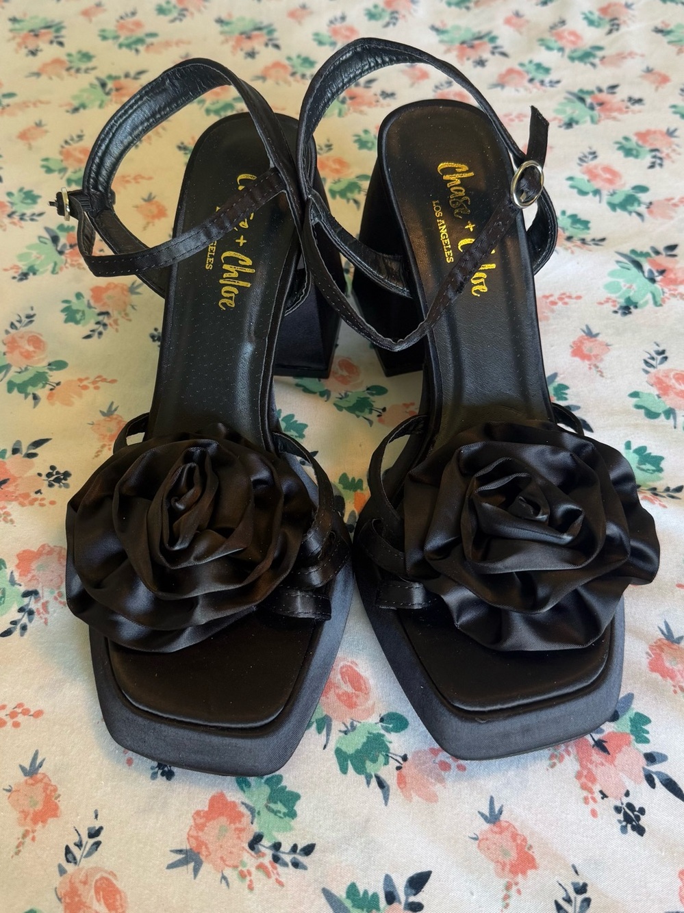Chase + Chloe Black Rose Platform Heels